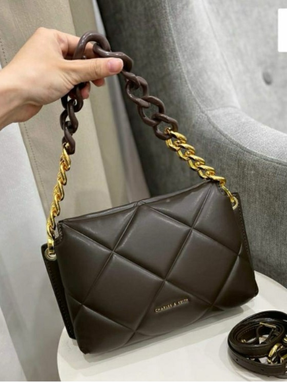 NWT Charles & Keith Quilted Shoulder Bag in Dark Brown with Gold Chain